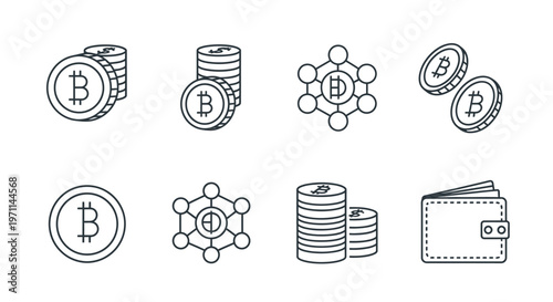 Cryptocurrency icon set bitcoin blockchain wallet and digital assets