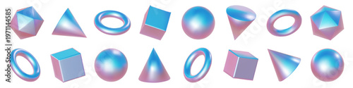 Blue pink abstract shape, 3d holo shade. Metal ring sphere cube, geometric object in pastel gradient vector render. Glossy iridescent circle, y2k cone hologram. Solid square, torus futuristic prism