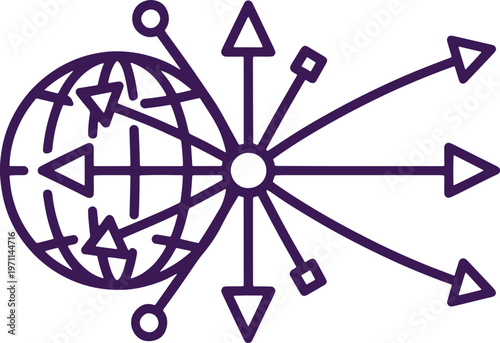Purple abstract of interconnected arrows and a globe