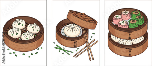 Steamed Dumplings in Bamboo Steamer with Chopsticks Traditional Asian Cuisine Dim Sum Food Flat Vector Illustration Collection