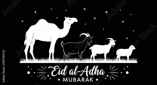 Beautiful Eid al-Adha Mubarak greeting with a camel, goats, and sheep silhouette on a black background, festive design for Islamic celebrations