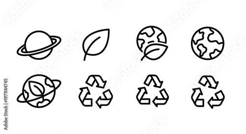 Eco friendly icon set planet leaf recycling symbols for sustainability