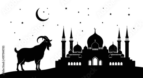 Majestic mosque silhouette with a goat under a crescent moon and stars, a symbolic representation of an Islamic celebration of sacrifice and devotion