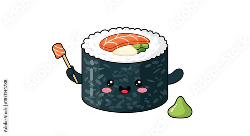 Adorable cartoon sushi roll character with a cute face holds a small sushi piece on a stick next to some wasabi.