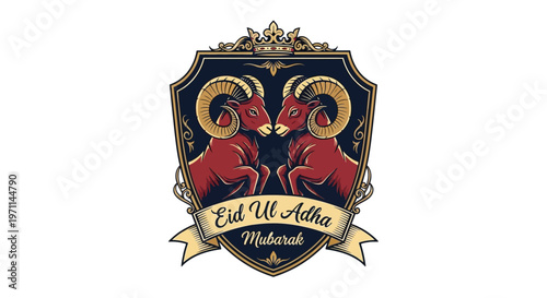 Eid Ul Adha Mubarak Decorative Emblem Featuring Two Rams Facing Each Other on a White Background