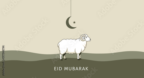 Eid Mubarak greeting card with a sheep illustration and crescent moon, celebrating the Islamic festival