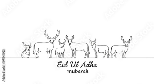 Eid Ul Adha Mubarak with a Line Drawing of a Herd of Deer and Bucks Celebration of the Islamic Festival and Sacrifice