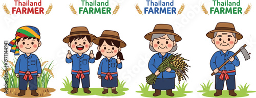 Thailand Farmer Characters Wearing Traditional Clothing Holding Rice and Farming Tools Agricultural Lifestyle Flat Vector Illustration Set
