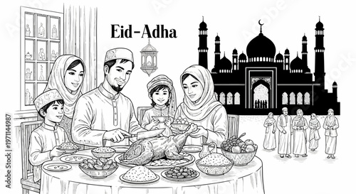 A Festive Family Gathering for Eid al-Adha, Sharing a Meal and Celebrating Together