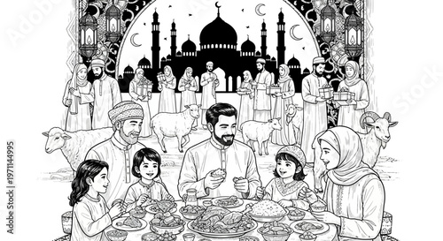 Generational Islamic Family Celebration Scene with Ramzan Food and Sheep Offering