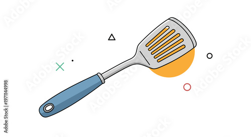 Kitchen spatula for cooking and flipping food is shown with colorful abstract geometric shapes in the background.