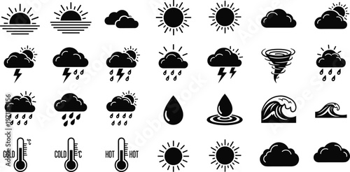 Weather Icons Set with Sun Cloud Rain Storm Tornado Temperature Symbols Black Silhouette Flat Vector Illustration Collection