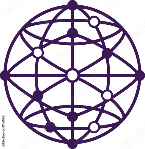 Purple geometric pattern with interconnected circles and lines forming a spherical structure