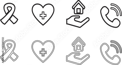 Vector Set of Charity and Support Icons Featuring Ribbon, Medical Heart, Care, and Hotline