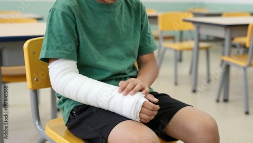 A young boy sits in a classroom with a white cast on his arm  injured child in school