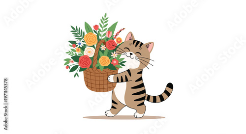 Happy tabby cat walks forward while carrying a large woven basket filled with colorful flowers like roses.