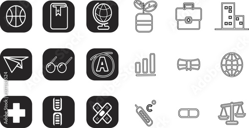 Vector Set of Diverse Minimalist Icons for Education, Business, Healthcare, and Law in Outline and Square Glyph Styles