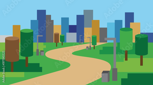 A vibrant flat illustration of a city park with a winding path, green trees, streetlights, and a modern skyline in the background under a blue sky.
