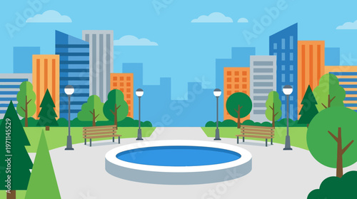 A vibrant flat design illustration of a modern city park with a central fountain, benches, trees, lampposts, and a backdrop of colorful urban buildings under a clear blue sky.