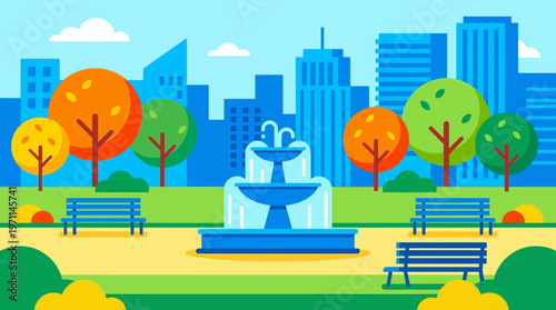 Quadro su tela Vibrant flat design illustration of a city park with a central fountain, trees, and benches against a cityscape background