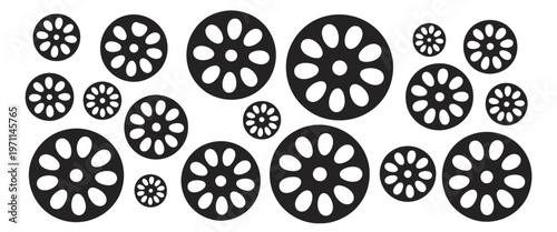 Lotus root pattern showcasing a cross section black silhouette with distinctive porous structure, presented on a white background in a minimal vector style ideal for food illustration, Asian-inspired 