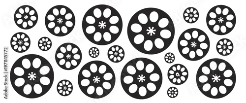 Lotus root pattern, cross section black silhouette on white background, featuring porous structure and organic circular holes, designed as a clean vector illustration suitable for Asian cuisine themes