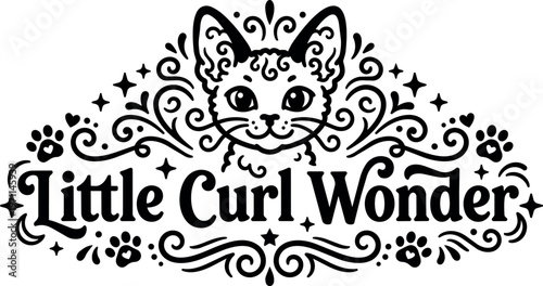 Black and white curly cat face with little curl wonder lettering and ornamental swirls