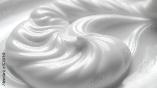 Close-up macro shot of smooth white cosmetic cream texture, skincare product swirl, beauty concept.