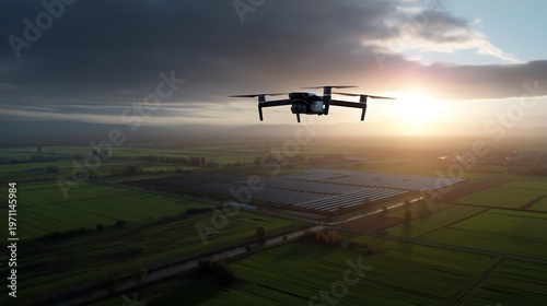Cinematic wide shot of drone flying over patchwork green fields landscape