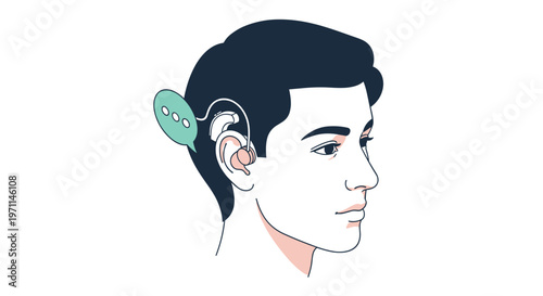 Side view of a man showing a hearing aid device in his ear with a speech bubble icon for voice communication.