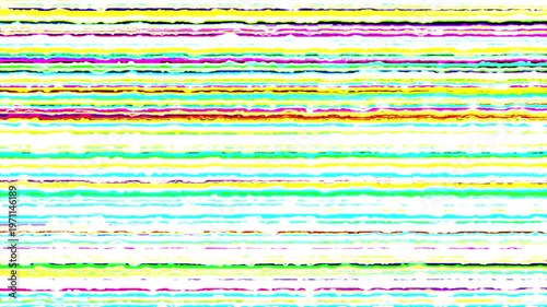 Abstract bright digital glitch texture with colorful horizontal jagged lines on a white background.