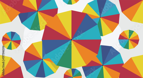 Top down view shows a dense and colorful pattern of multi colored umbrellas with various bright rainbow sections.