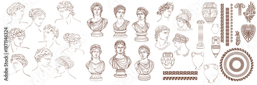Ancient Greek vector collection with sculpture busts, Greek ornaments, meander borders and amphora vases. Engraving style illustration inspired by classical antiquity, mythology and ancient Greece art