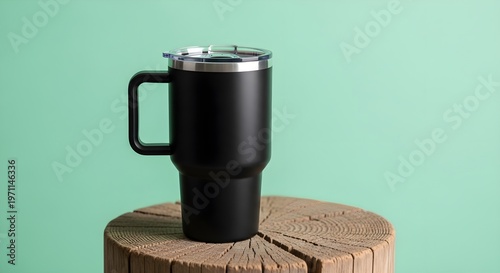 Black insulated travel tumbler featuring a sturdy ergonomic handle and a transparent lid sits securely on a rustic wooden stump display providing a sleek modern aesthetic for hot or cold beverages in 