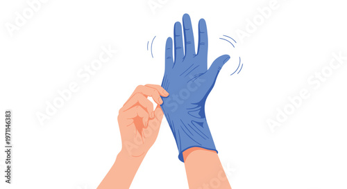 Hands are shown putting on a blue disposable medical glove for hygiene protection against a plain white background.