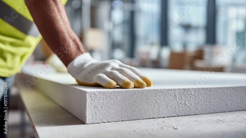 Wallpaper Mural Construction worker in bright yellow safety vest and white gloves operating with precision on large white surface in industrial setting Torontodigital.ca