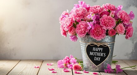 Pink carnation bouquet in tin bucket for Mother's Day celebration with heartfelt message on chalkboard