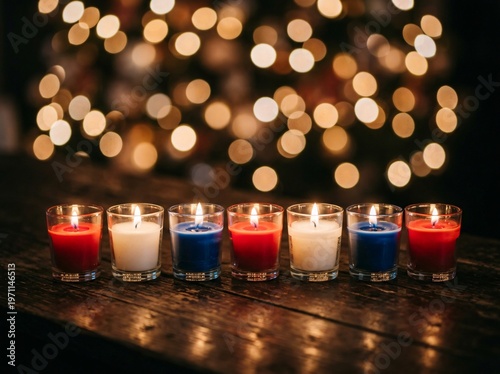 Lit Candles in a row on the wooden table
