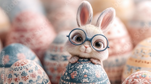 Wallpaper Mural Cute white bunny with pink ears and big brown eyes wearing round blue glasses peeking out of colorful decorated easter eggs Torontodigital.ca