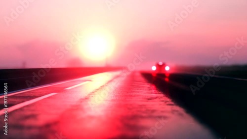 Wet Road With Car Lights Sunset.