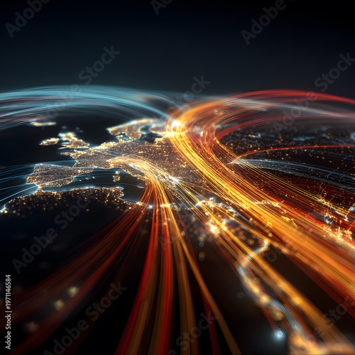Digital Network Over Europe: The image captures a complex network of data streams emanating across the European continent, illuminating cities and countries.