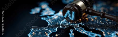Wallpaper Mural Digital map of europe featuring an abstract ai logo and gavel symbolizing legal technology and artificial intelligence applications in the european region Torontodigital.ca