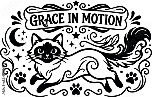 Grace in motion text with leaping cat and decorative stars paw prints black and white vector art