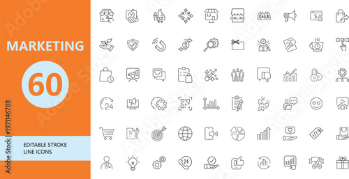 Digital Marketing Line Icons Set – SEO, Analytics, Social Media, E-commerce, Business Strategy Editable Stroke Vector Pack. 