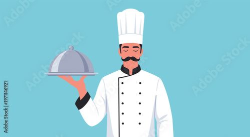 Male chef with a mustache wearing a tall white hat and uniform holds a silver dome serving platter for a meal.