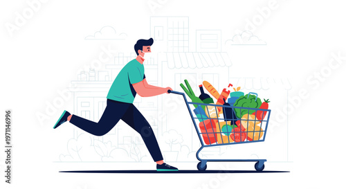 Man wearing a face mask runs quickly through the street pushing a shopping cart overflowing with fresh groceries.