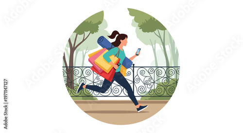 Active woman runs through a park carrying multiple shopping bags and a yoga mat while checking her mobile phone.