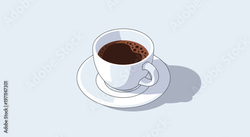 White ceramic cup filled with hot black coffee and bubbles on its surface sits on a matching saucer on light gray.