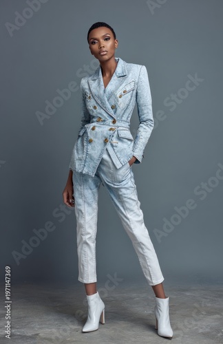 Wallpaper Mural Elegant woman in light blue denim suit jacket with tailored fit, double-breasted design, and matching pants, standing confidently against a neutral background Torontodigital.ca