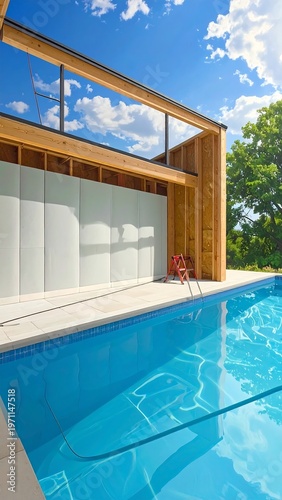 A modern house with a swimming pool on a sunny day